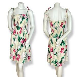 Hawaiian Dress Floral Shirred Smocked Tie Shoulder One Size Pale Yellow Tropical